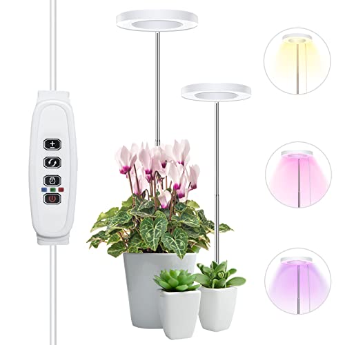 2Heads Plant Grow Light, Full Spectrum LED Plant Light for Indoor Plants, 3 Colors Halo Grow Lights, Height Adjustable Small Grow Lamp with Auto On/Off Timer, 10 Dimming Levels Potted Plant Lights